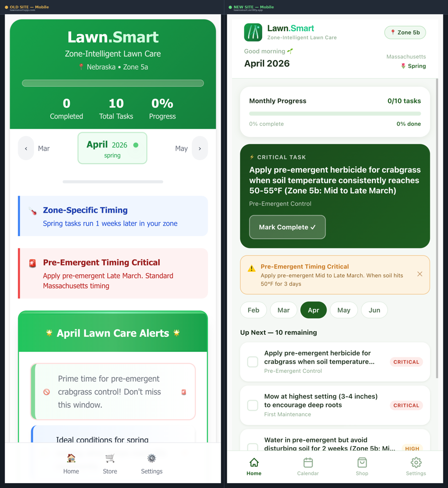 Side-by-side mobile comparison of Lawn.Smart v1 (left) and v2 (right). V1 shows a stacked desktop layout with a large green header and emoji navigation at the bottom. V2 shows a purpose-built mobile layout with a compact header, pinned Critical Task hero card, month pill strip, and a proper four-tab bottom navigation bar.